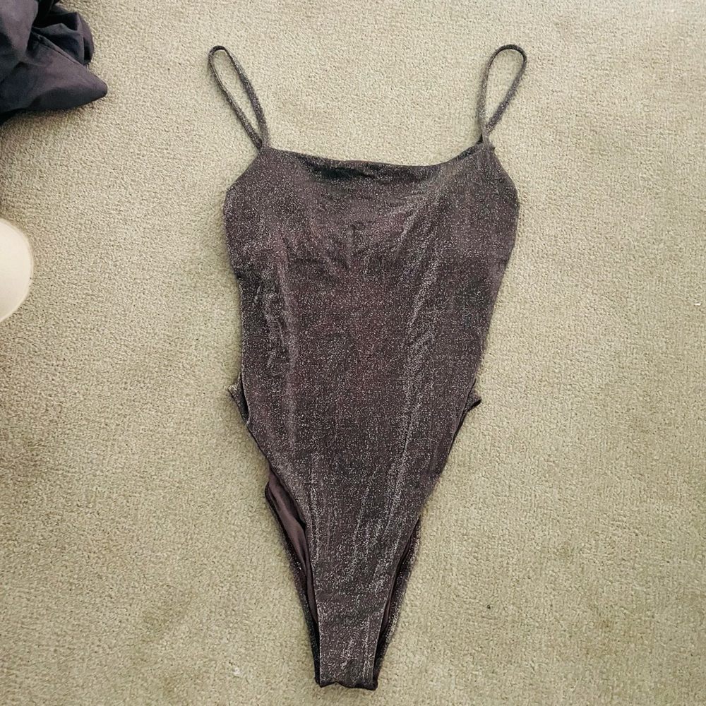Vitamin A metallic one piece swim sparkly medium gray silver